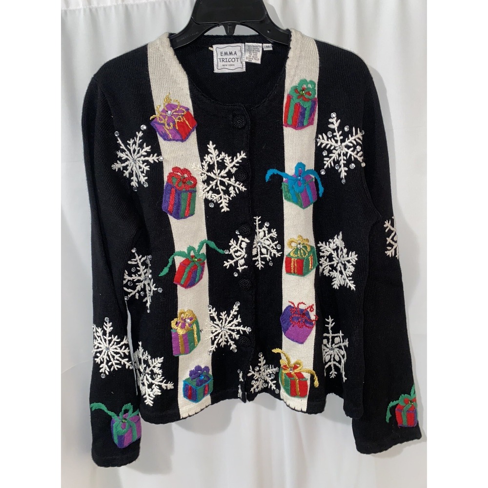 Vintage Christmas Presents Snowflakes Emma Tricot Cardigan Sweater Womens Medium